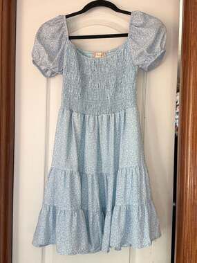 Altar'd State Blue Floral Smocked Bodice Puff Sleeve Tiered Mini Dress
